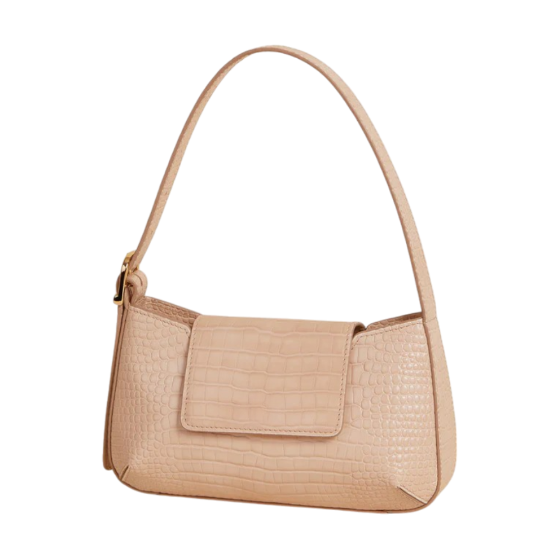 Sviv Elegant Beige Croc-Embossed Baguette Bag