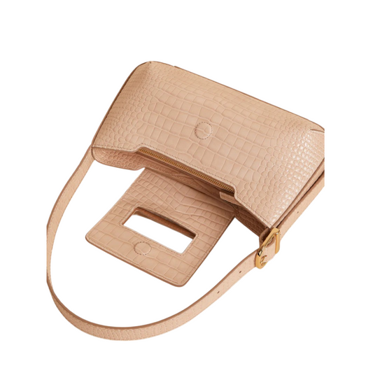 Sviv Elegant Beige Croc-Embossed Baguette Bag